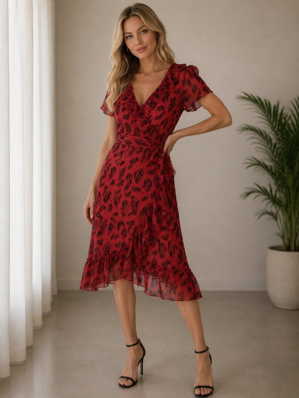 FOREVER 21 red wrap dress w/ feather design ruffled neckline & hem Size SMALL